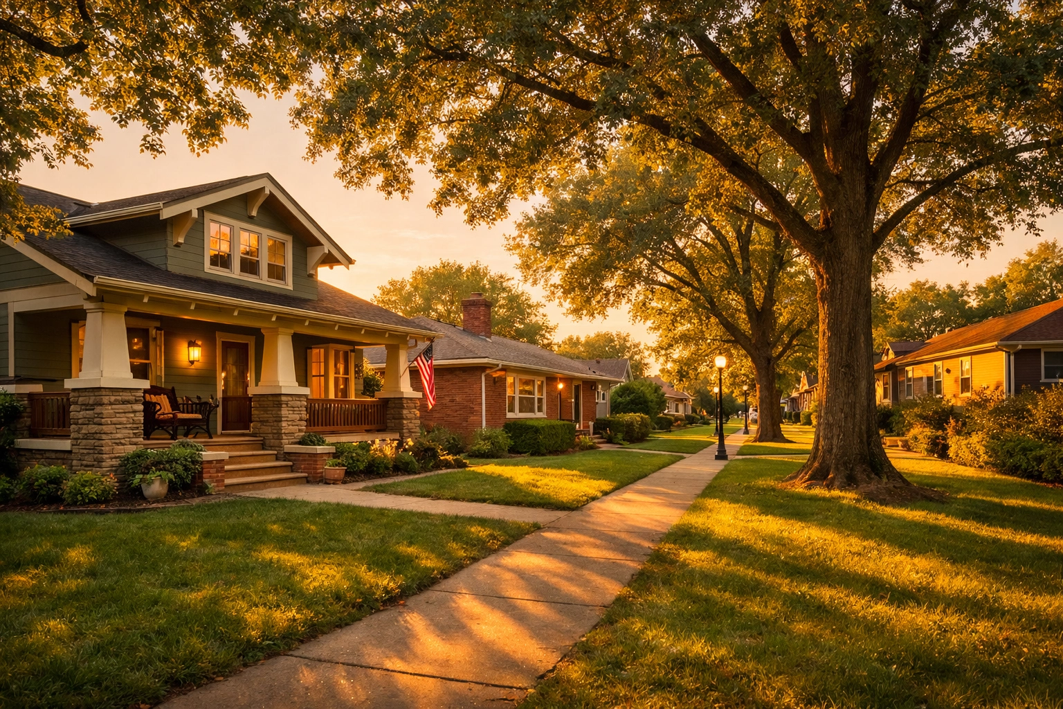 Picturesque residential street with Craftsman homes for sale in Southport, Indiana.