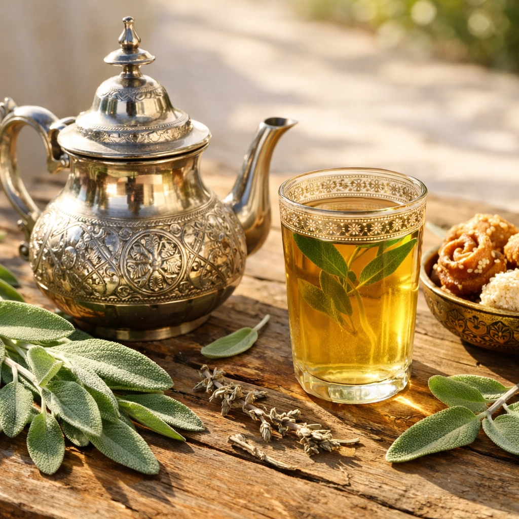 Traditional Moroccan silver teapot and a glass of Salmia tea with fresh sage leaves.