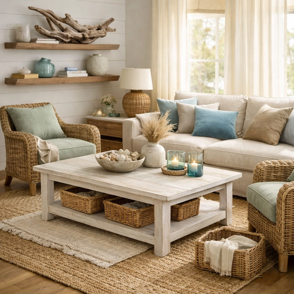 Coastal living room with natural textures including jute rug, rattan chairs, and driftwood accents