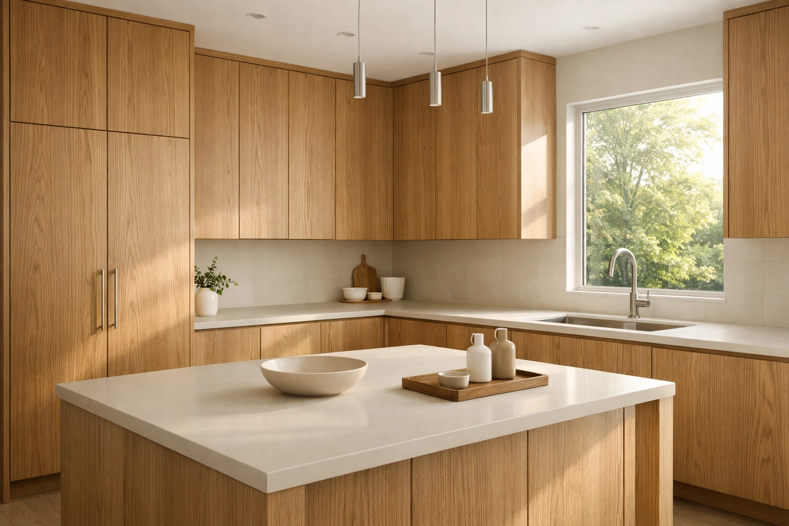 Modern kitchen renovations in Red Deer featuring warm white oak cabinetry and natural wood finishes.