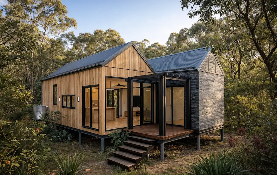Modern two-bedroom sustainable modular home elevated among native bushland