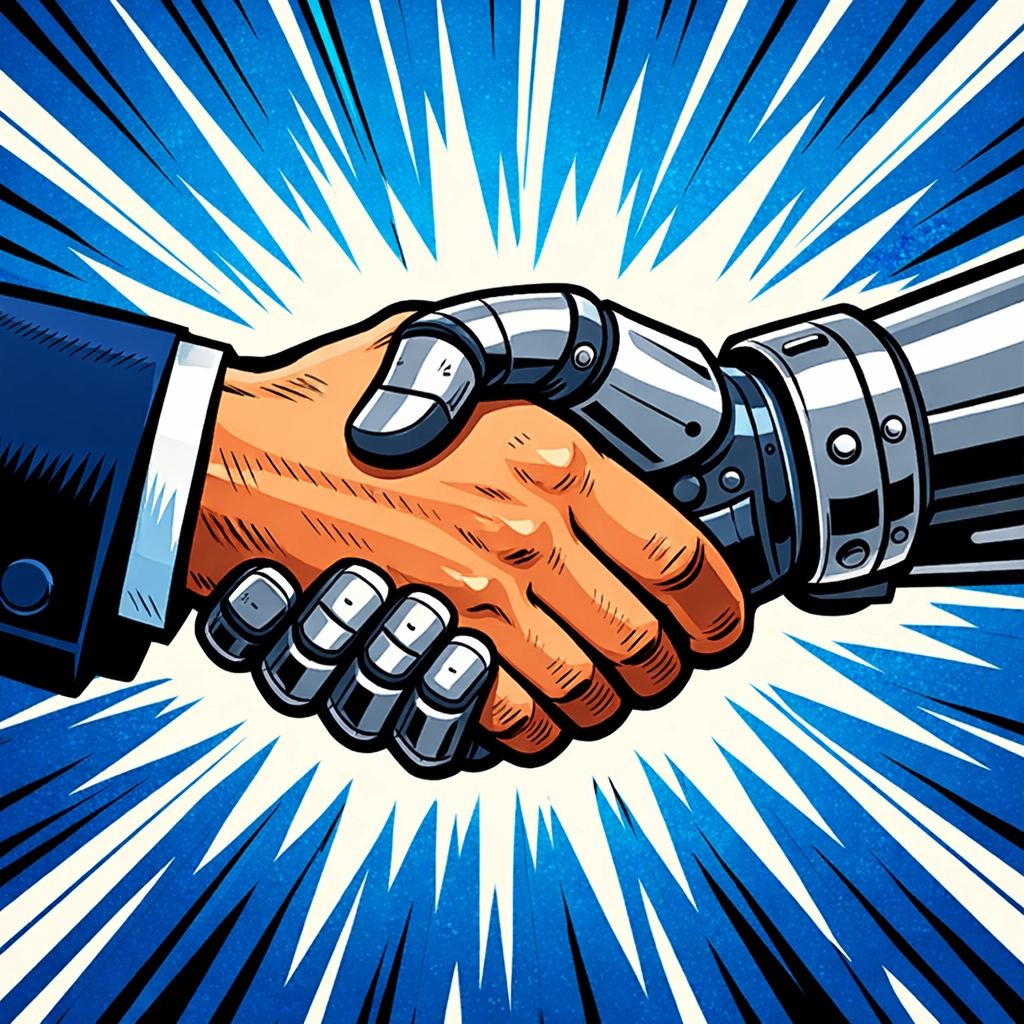 Human and robot hands shaking in a partnership symbolizing the success of implementing AI business automation.