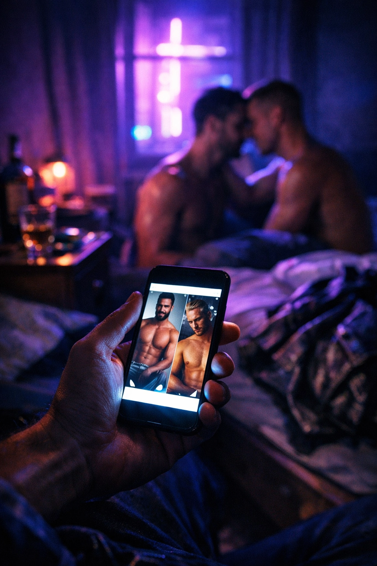 First-person view of a gay man using a hookup app on a smartphone in a dark, neon-lit bedroom.