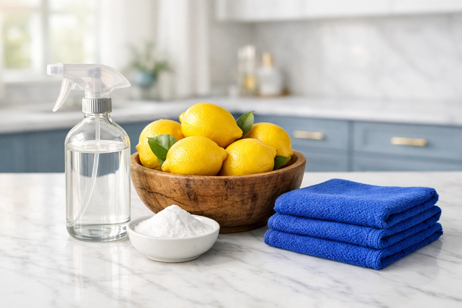 Natural cleaning supplies including lemons, baking soda, and vinegar for eco-friendly refrigerator cleaning.