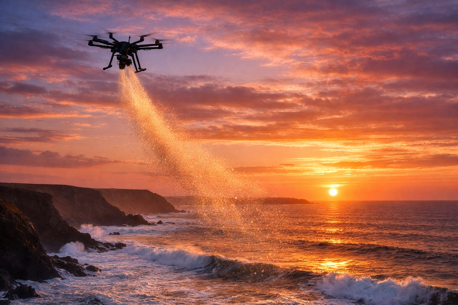 A professional drone scattering ashes over the Cornwall sea at sunset for a serene memorial.