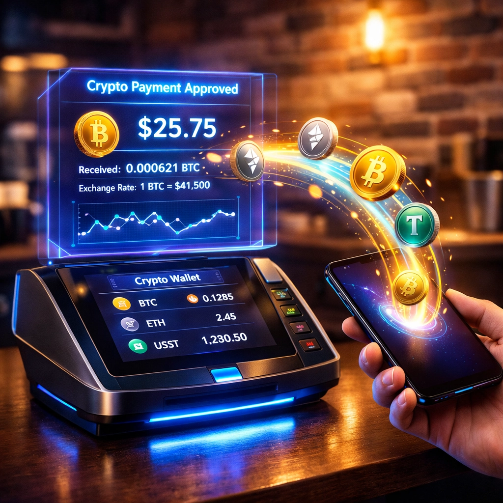 Crypto POS terminal processing cryptocurrency payment with digital coins flowing to payment system