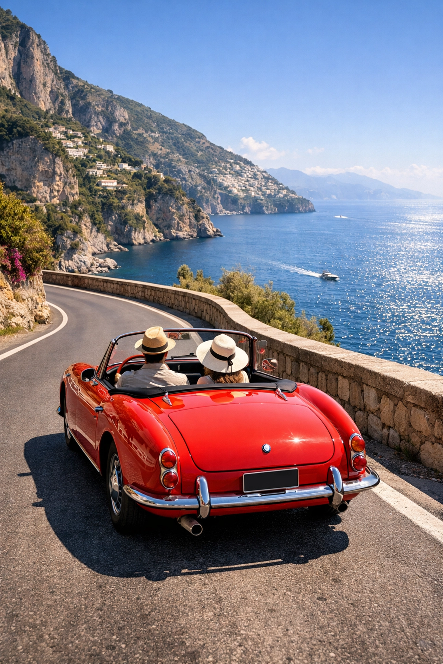 Vintage car on the Amalfi Coast, showcasing travel photography tips and professional AI editing results.