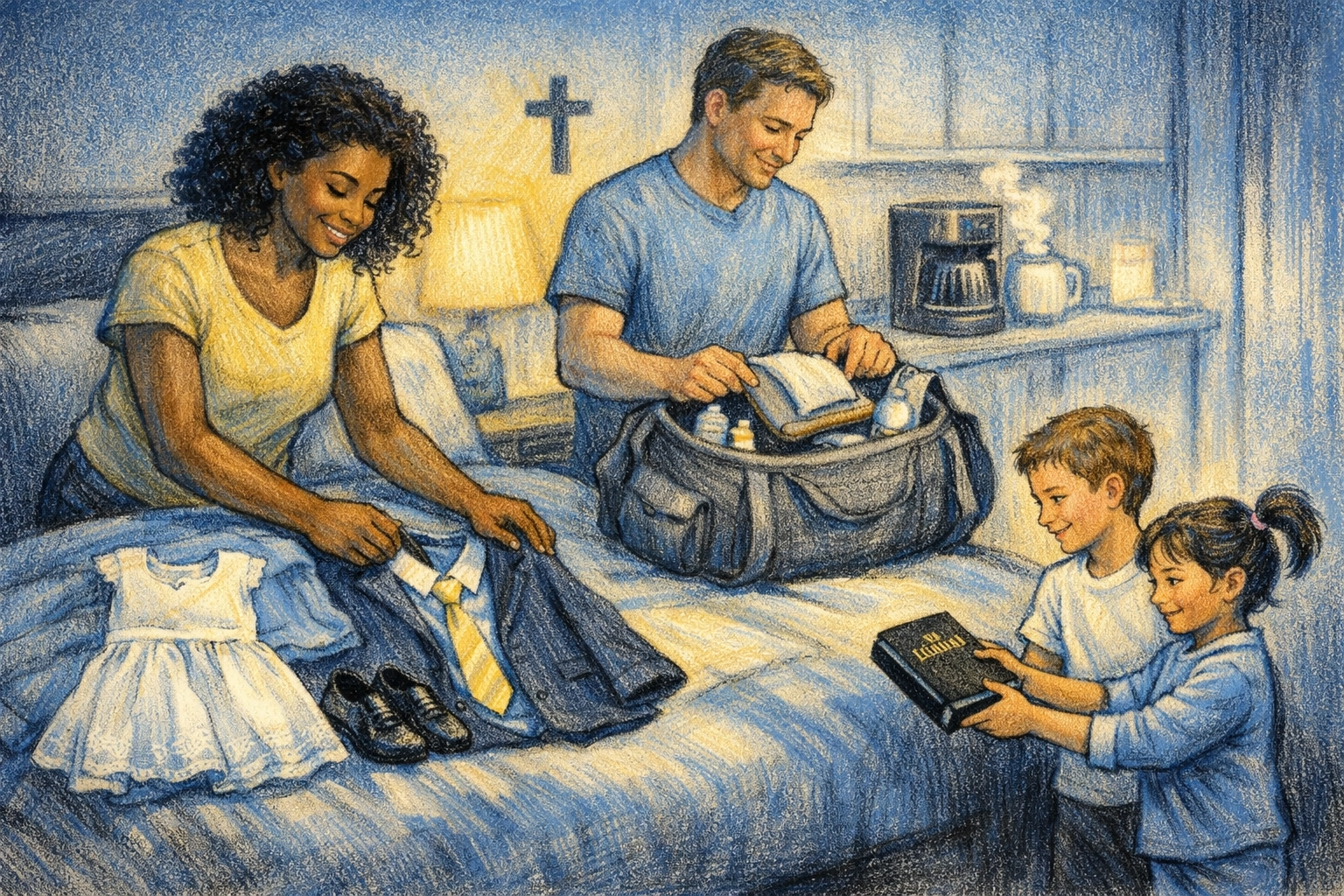 Family preparing clothes and bags Saturday night for Sunday church service