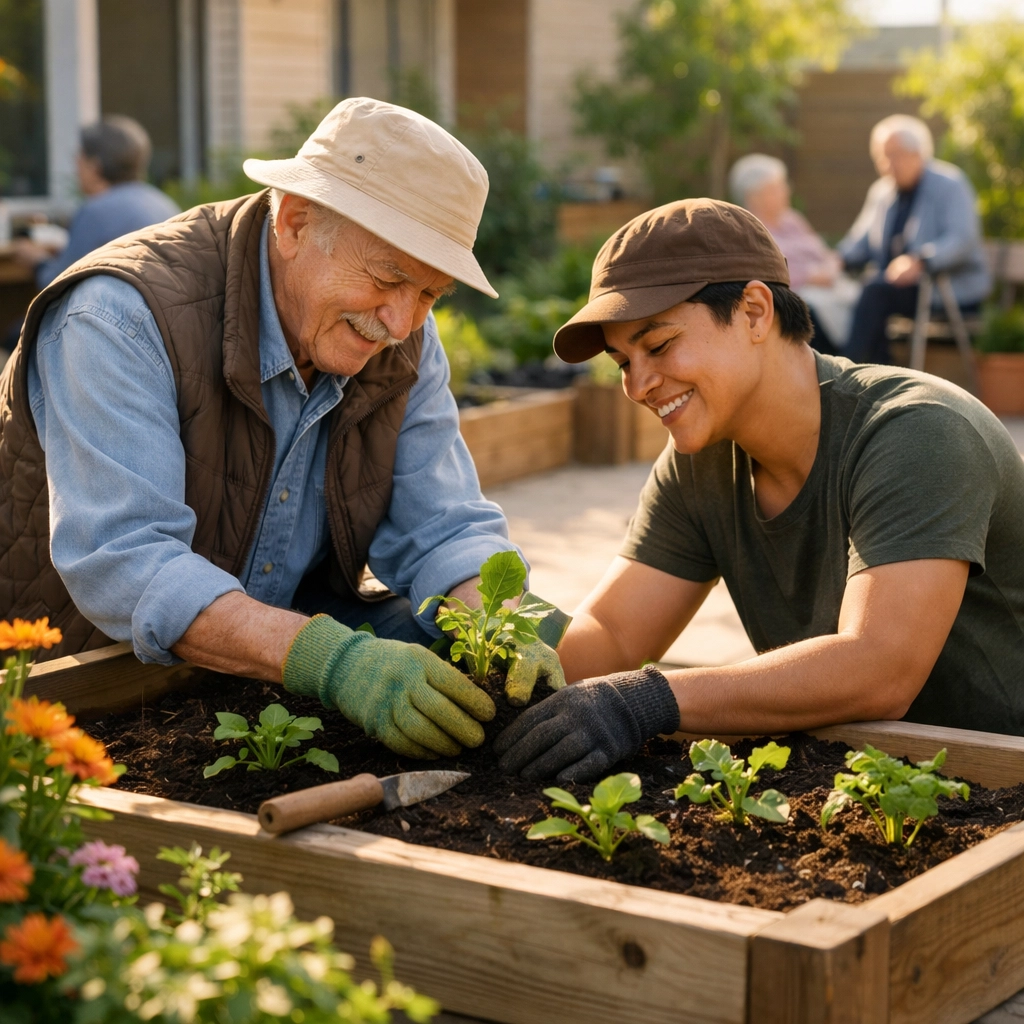 Residents gardening together in Housing Hub community garden courtyard