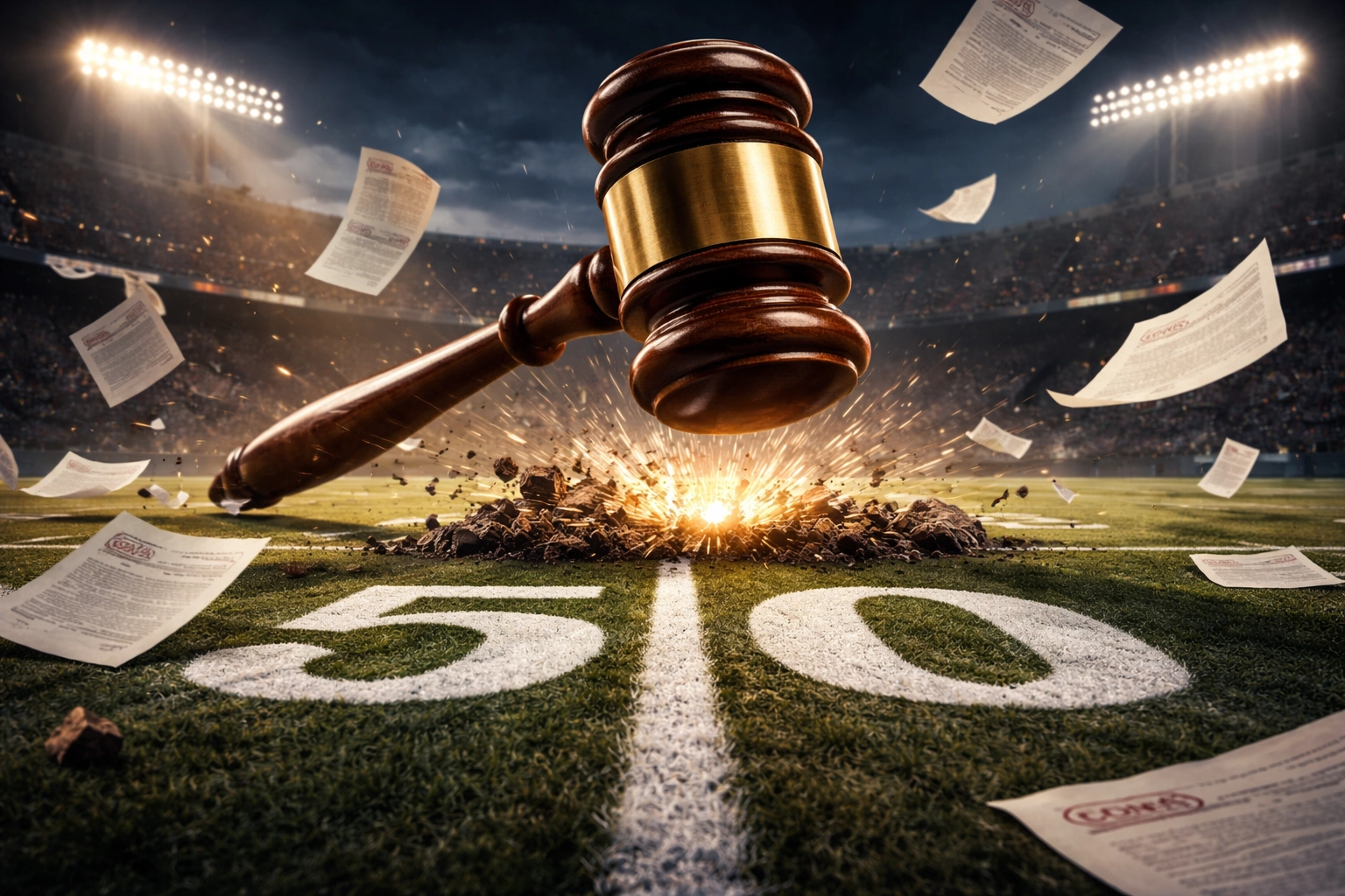 Judge's gavel slamming onto a football field, symbolizing Duke's lawsuit over Darian Mensah's NIL contract in college football.