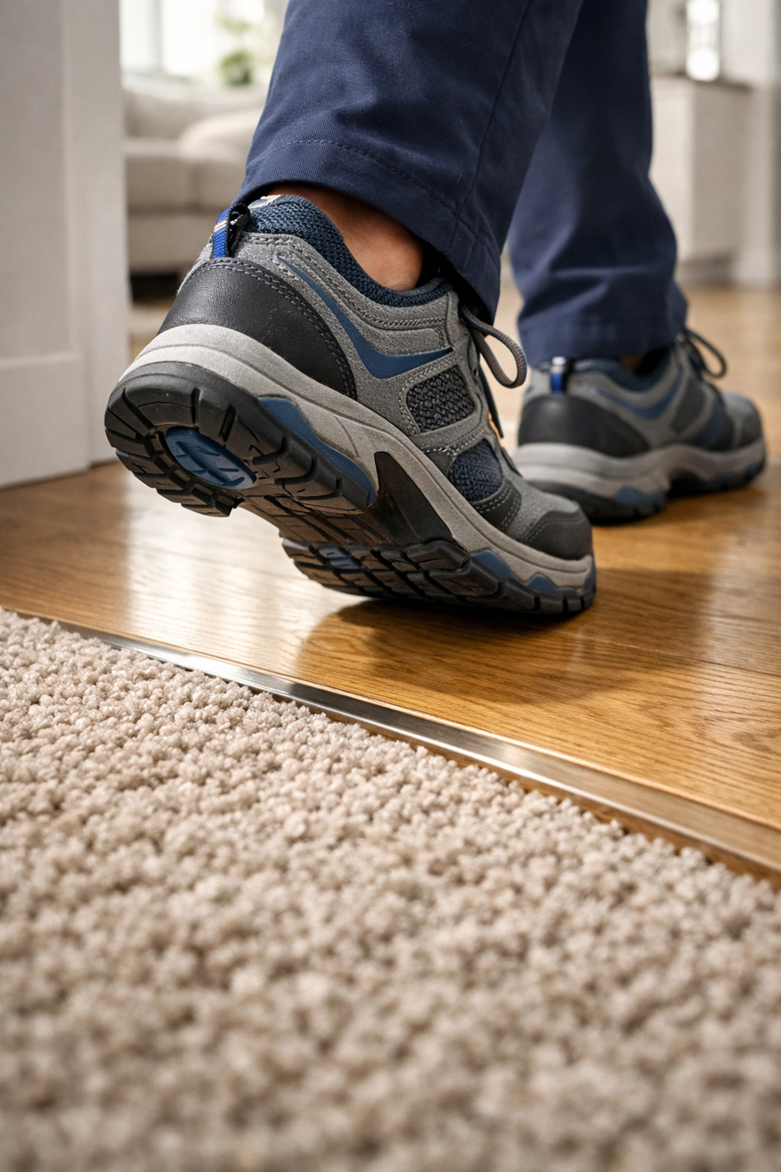 Close-up of supportive shoes crossing a floor transition from carpet to hardwood.