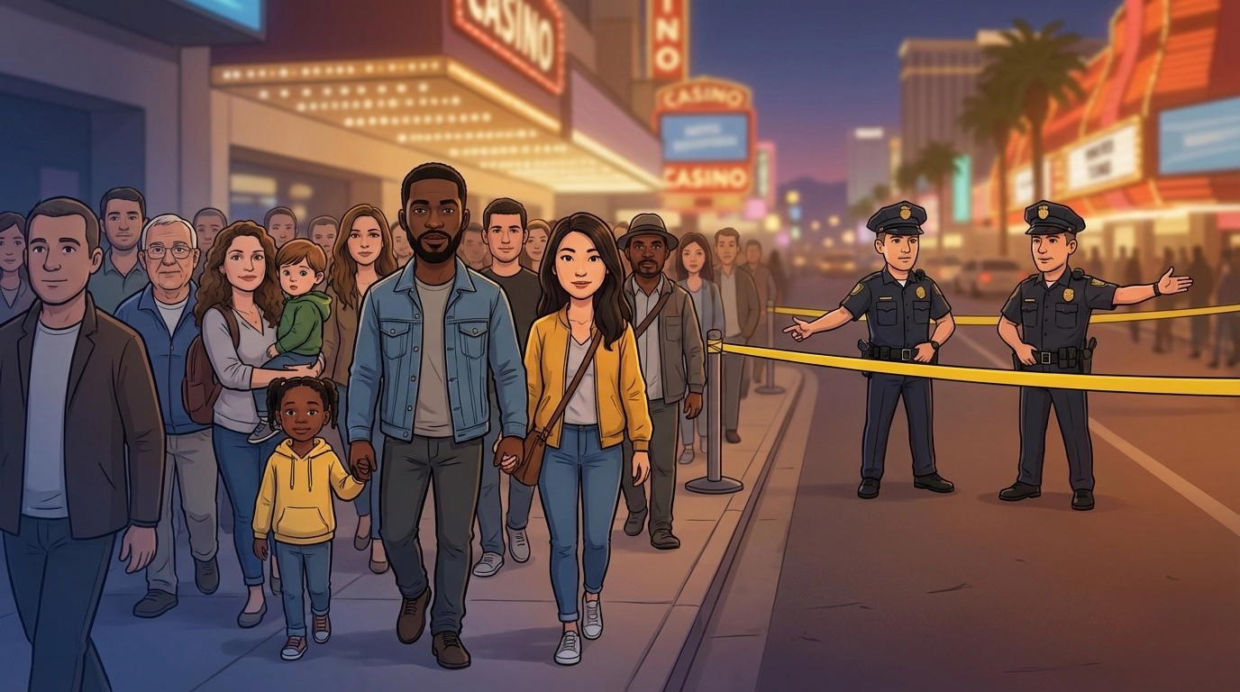 A diverse crowd of people stand united on a city sidewalk at dusk, illustrating collective rights and the risks of mass arrests.