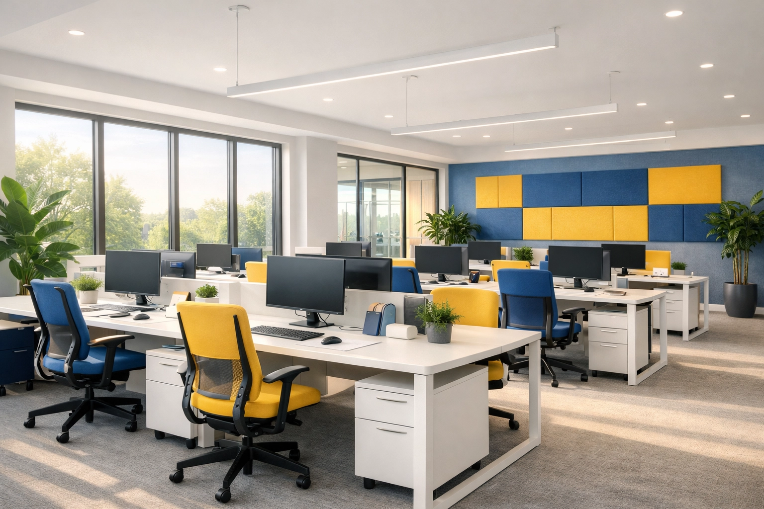 Clean and modern open-plan workspace showing professional office cleaning Marlborough for improved productivity.