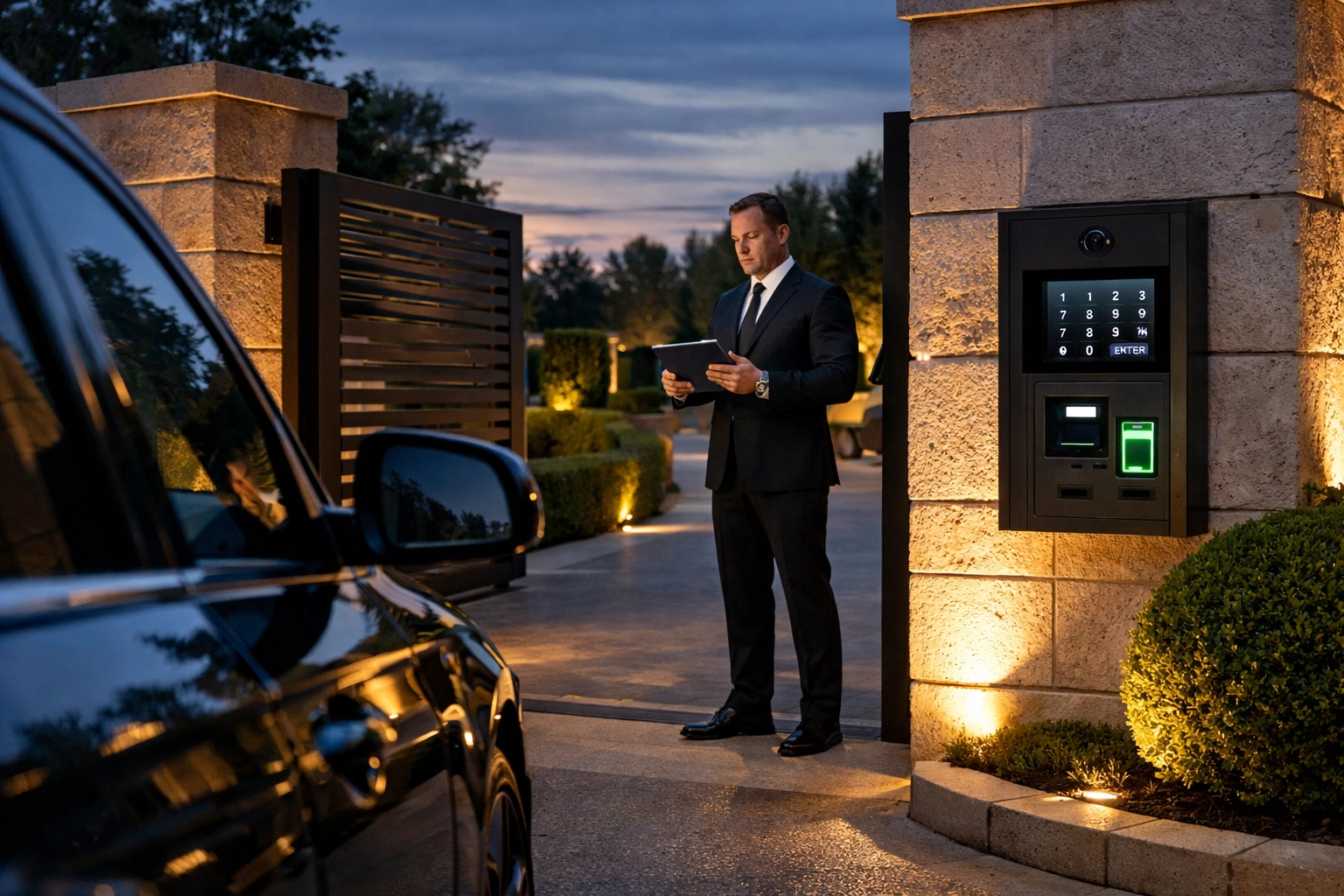 Secure luxury estate entrance with professional oversight of vendors and personnel at the gate.