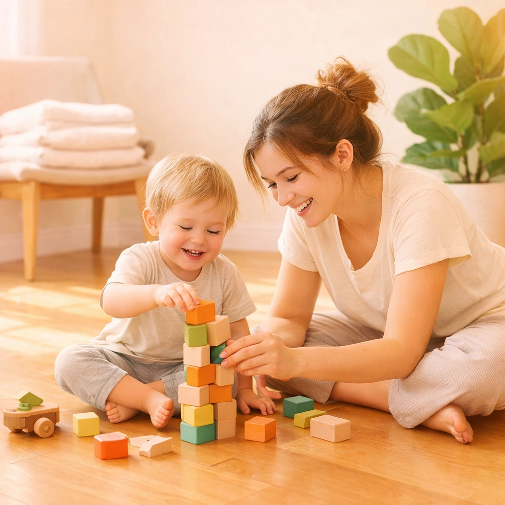 Mother and child playing on a clean floor, showing the benefits of house cleaning for busy families.