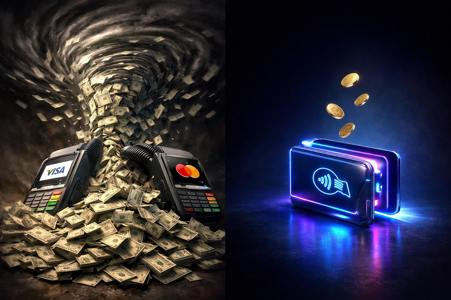 Traditional credit card terminals draining cash vs Web3 digital wallet with minimal fees comparison