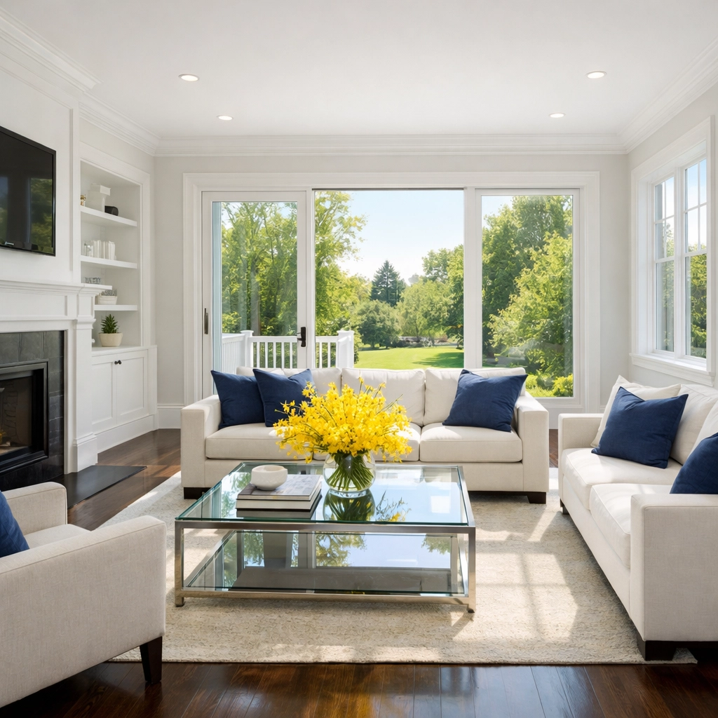 Pristine living room showing results of eco-friendly deep cleaning Walpole services in a modern home.