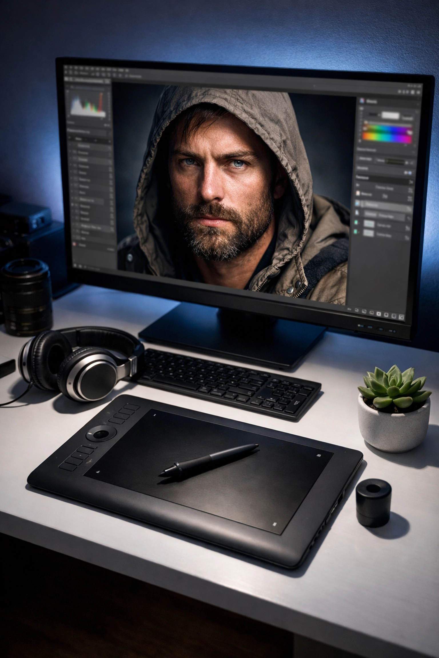 Modern photo editing suite showing portrait photography retouching on a high-resolution monitor.