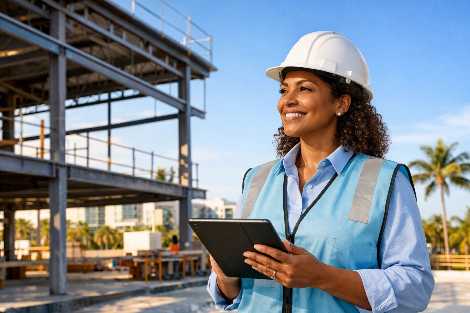 Professional South Florida construction manager overseeing a commercial building site with a digital tablet.