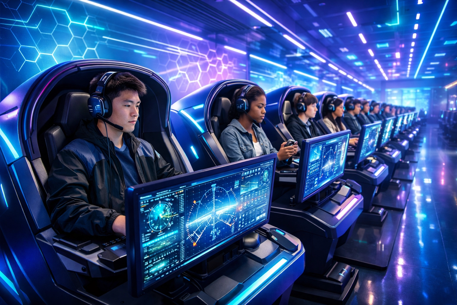 High school students using EsportsPod simulation pods for flight and tech career readiness training.