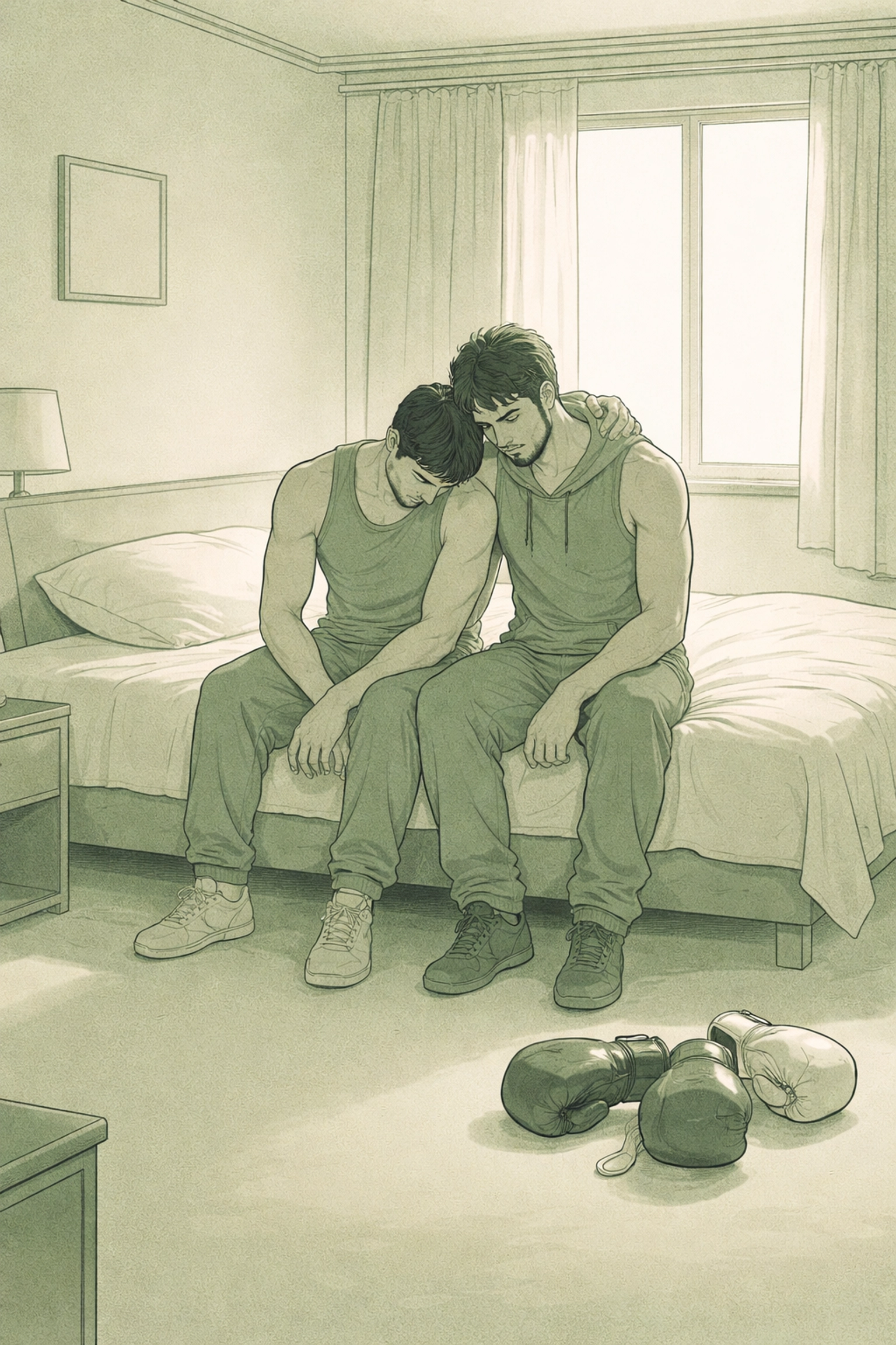 Two men, former boxing rivals, sit close on a bed in quiet tenderness, their gloves discarded, symbolizing trust and vulnerability.