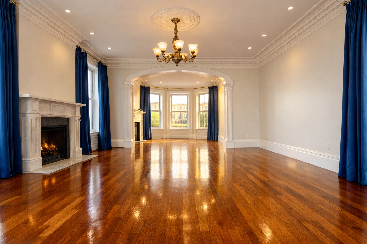 Empty luxury Boston apartment with spotless hardwood floors after comprehensive move-in cleaning services.