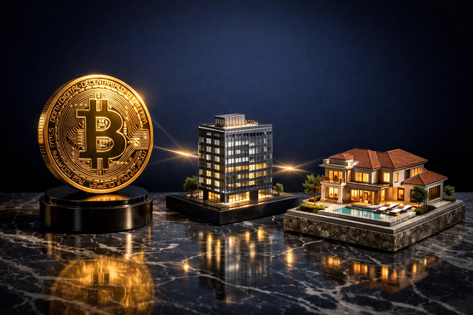 Bitcoin, private equity, and real estate assets integrated for portfolio diversification