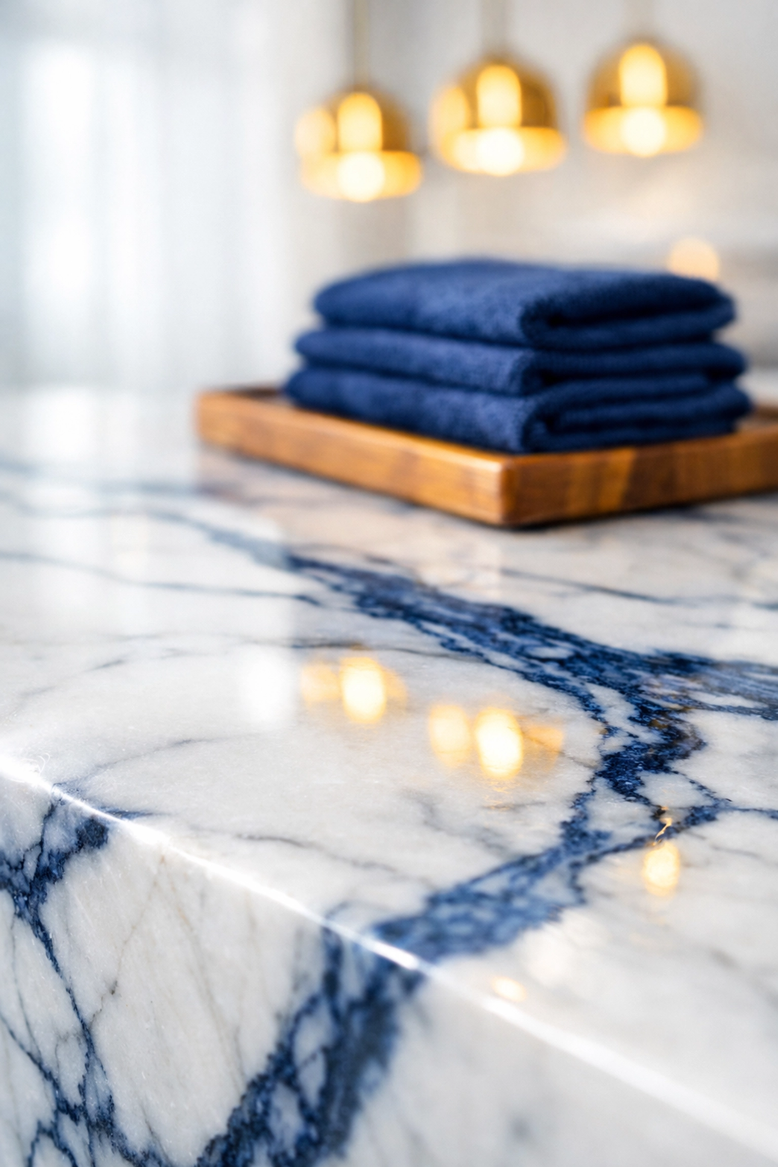 Polished marble kitchen island with blue microfiber cloths for residential cleaning Massachusetts.