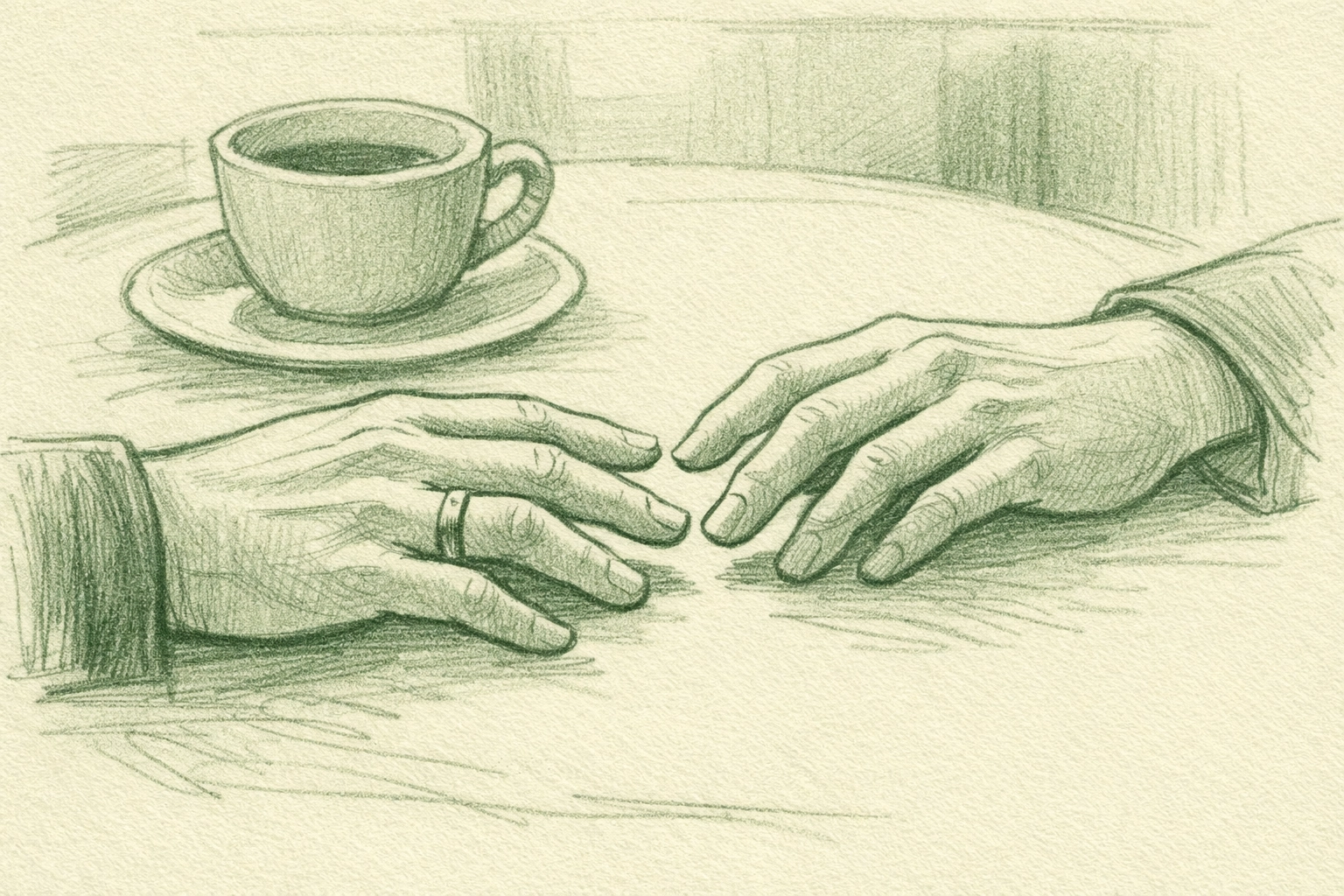 Hands of two gay men almost touching across table, one wearing wedding ring showing conflict