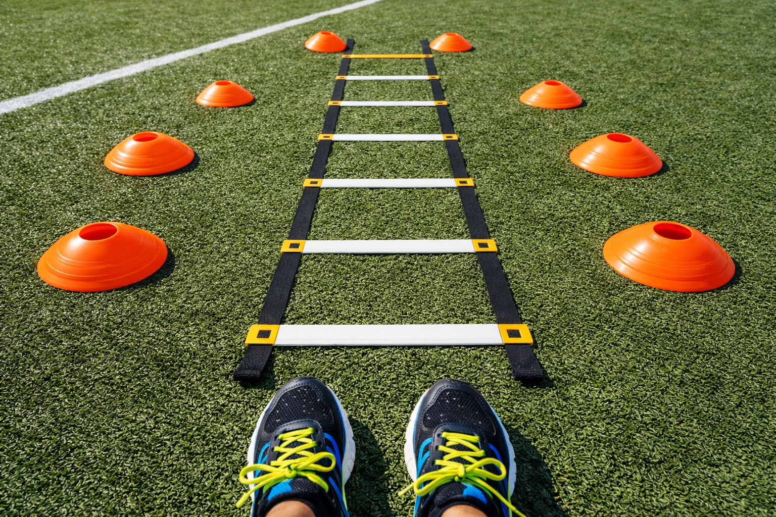Agility ladder and orange marker cones set up on turf for coaching drills