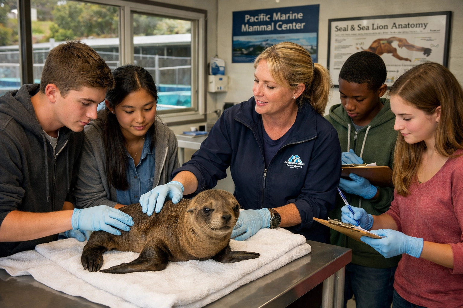 High school students examining sea lion with marine biologist at conservation center