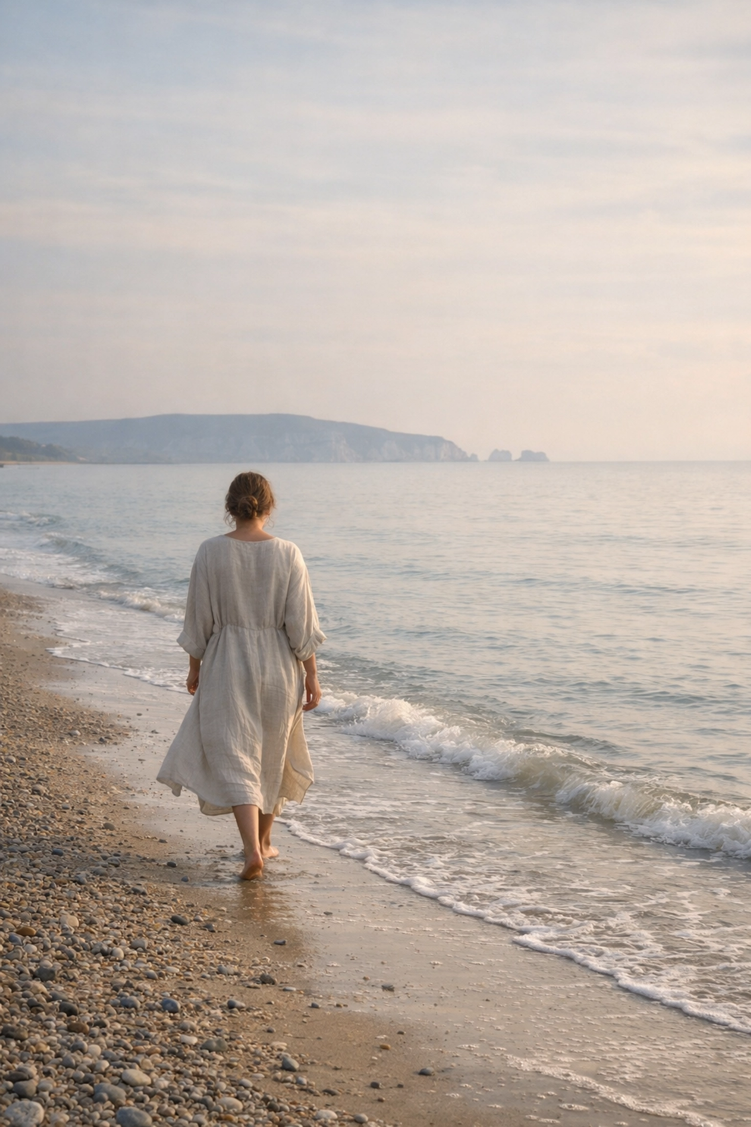 Woman walking barefoot along peaceful coastal beach for Mother's Day self-care retreat