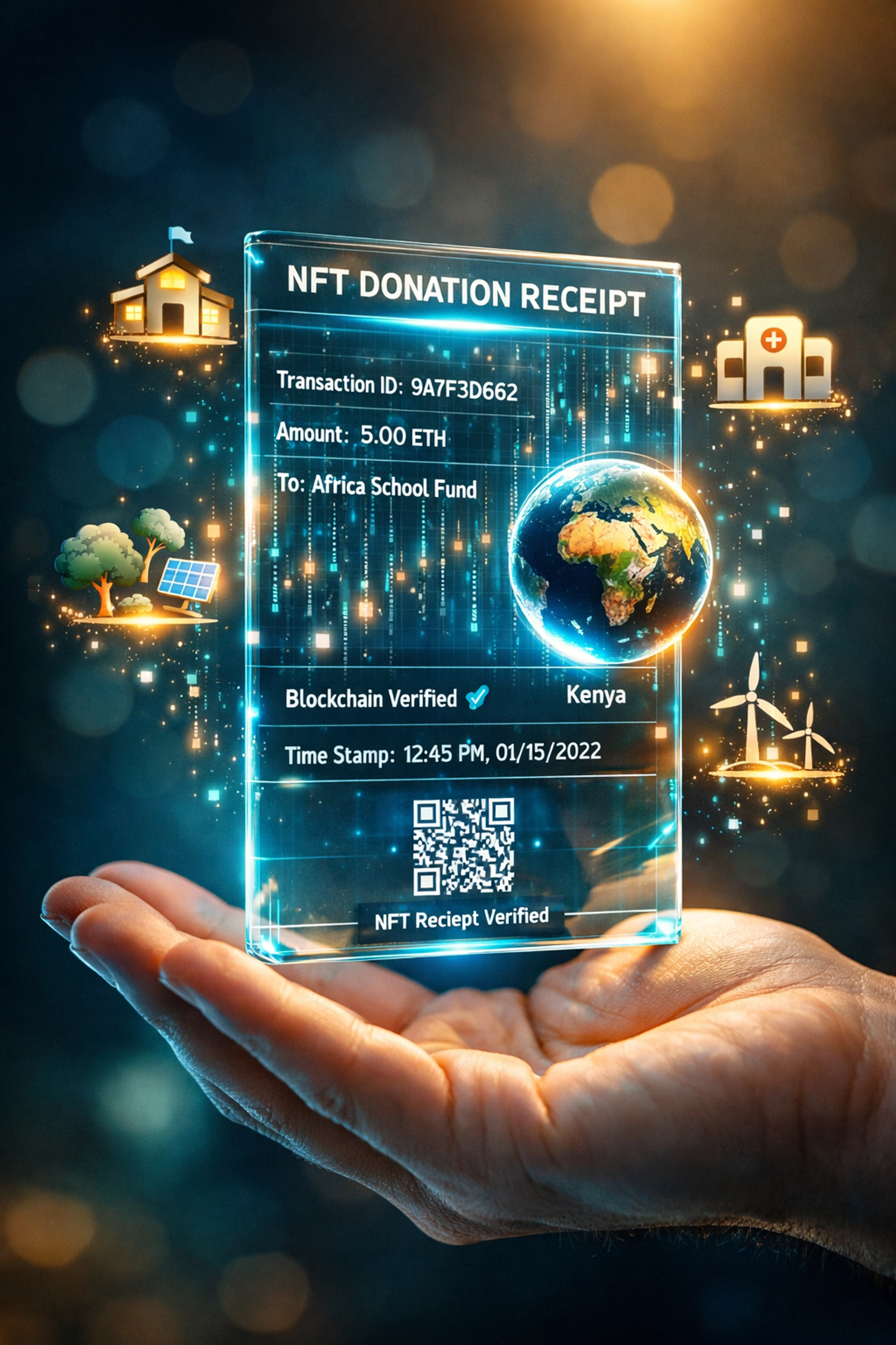 NFT receipt displaying blockchain-verified charity allocation and transaction details