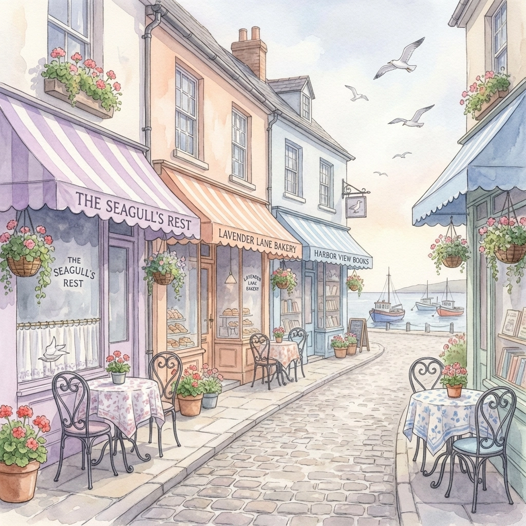 Whimsical illustration of Felixstowe bakery cafes with outdoor seating and pastel storefronts by the coast