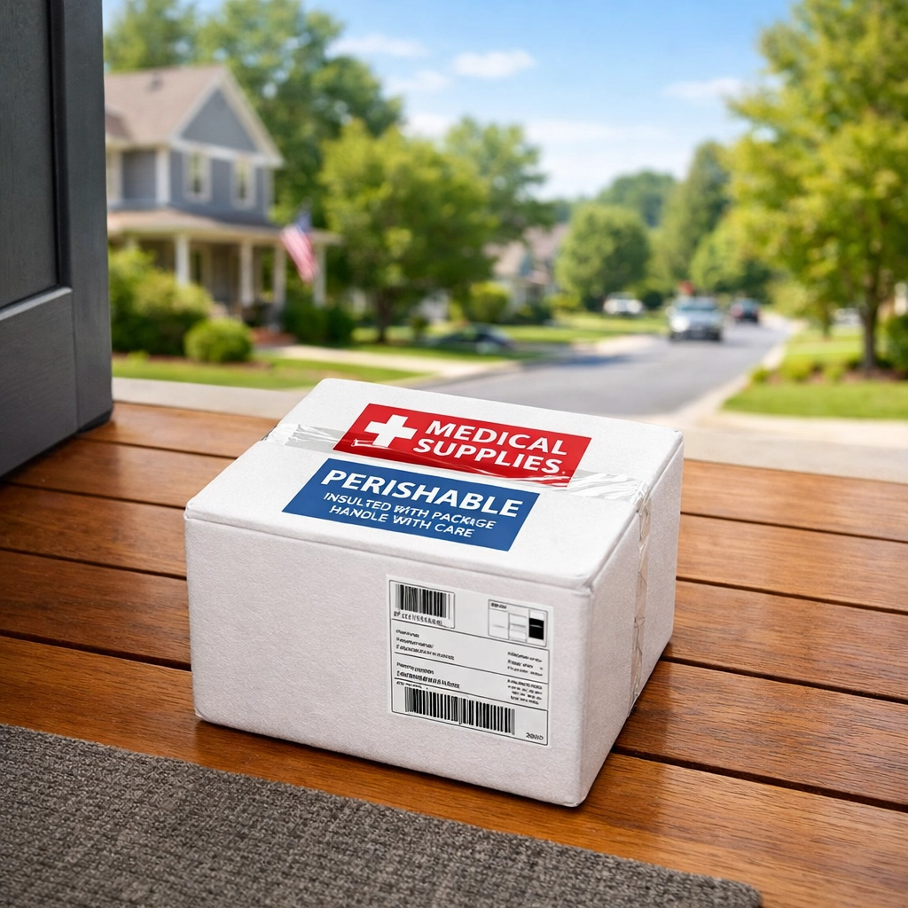 Medical shipping package on a doorstep representing semaglutide home delivery services across Pennsylvania.