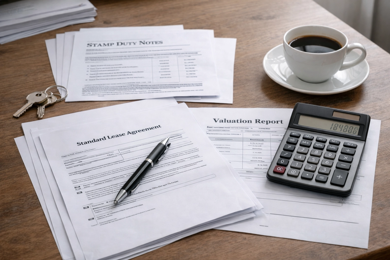Photo of documents, calculator, and paperwork representing staircasing costs, lease terms, and stamp duty planning