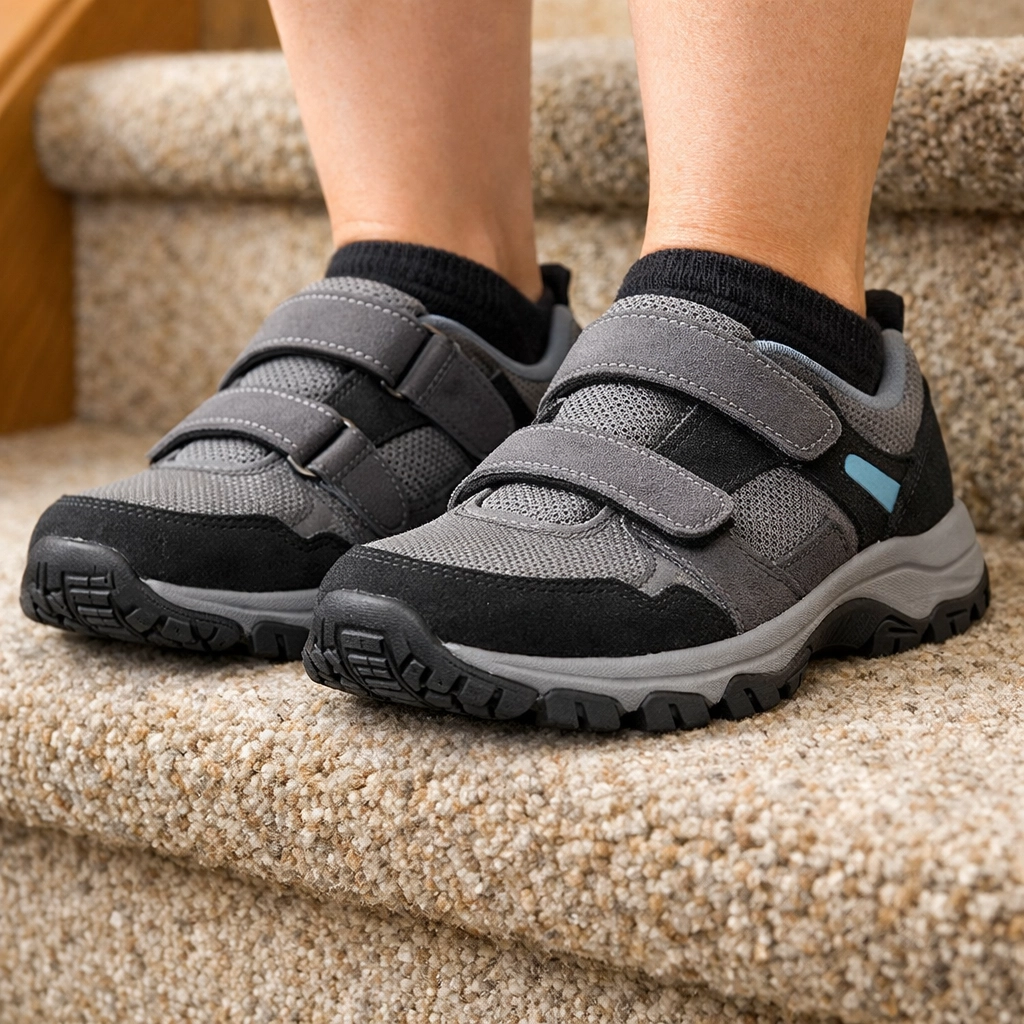 Close-up of a person wearing supportive rubber-soled shoes for secure traction on carpeted stairs.