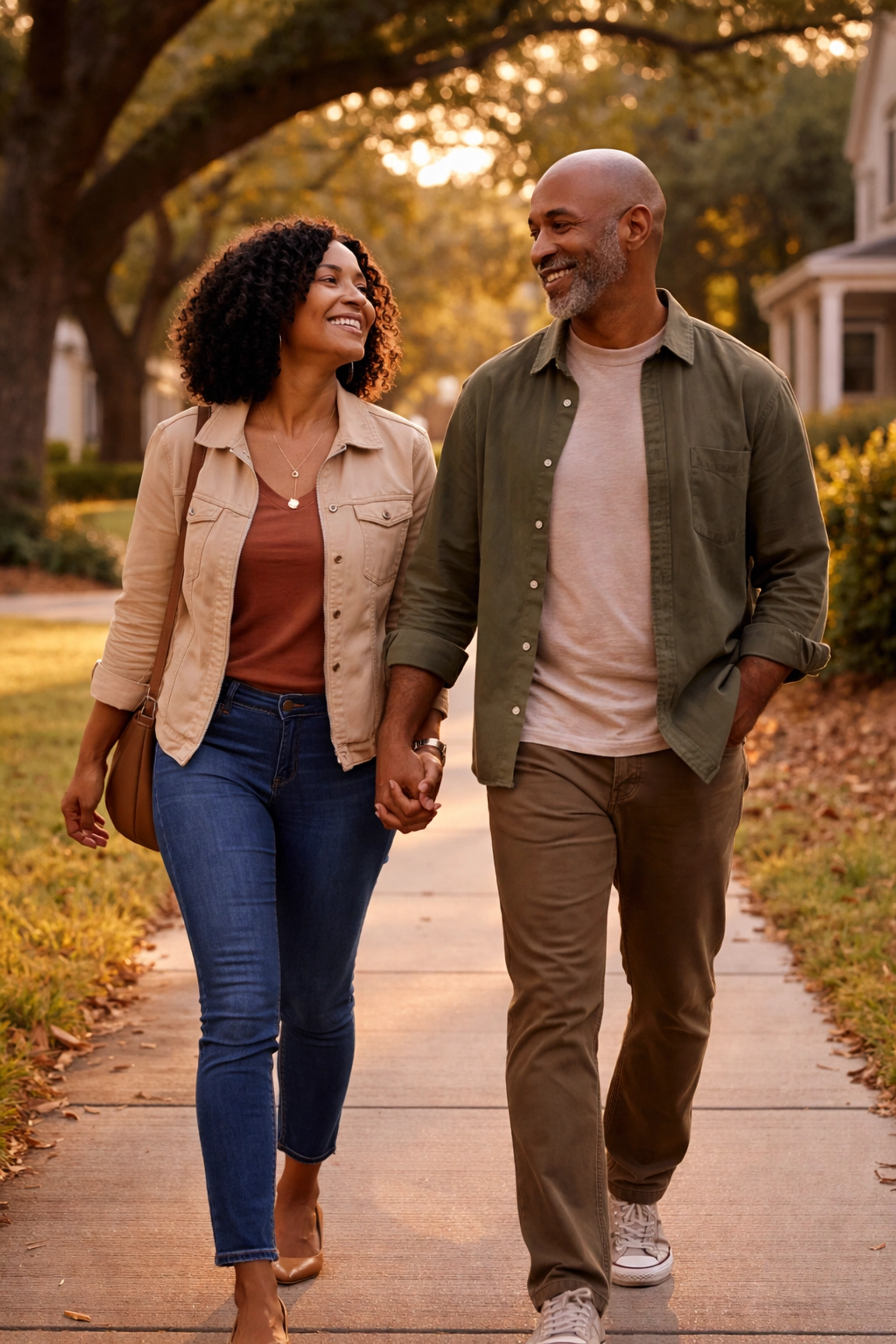 Happy Black couple walking hand in hand in a suburban neighborhood, representing partnership and growth.