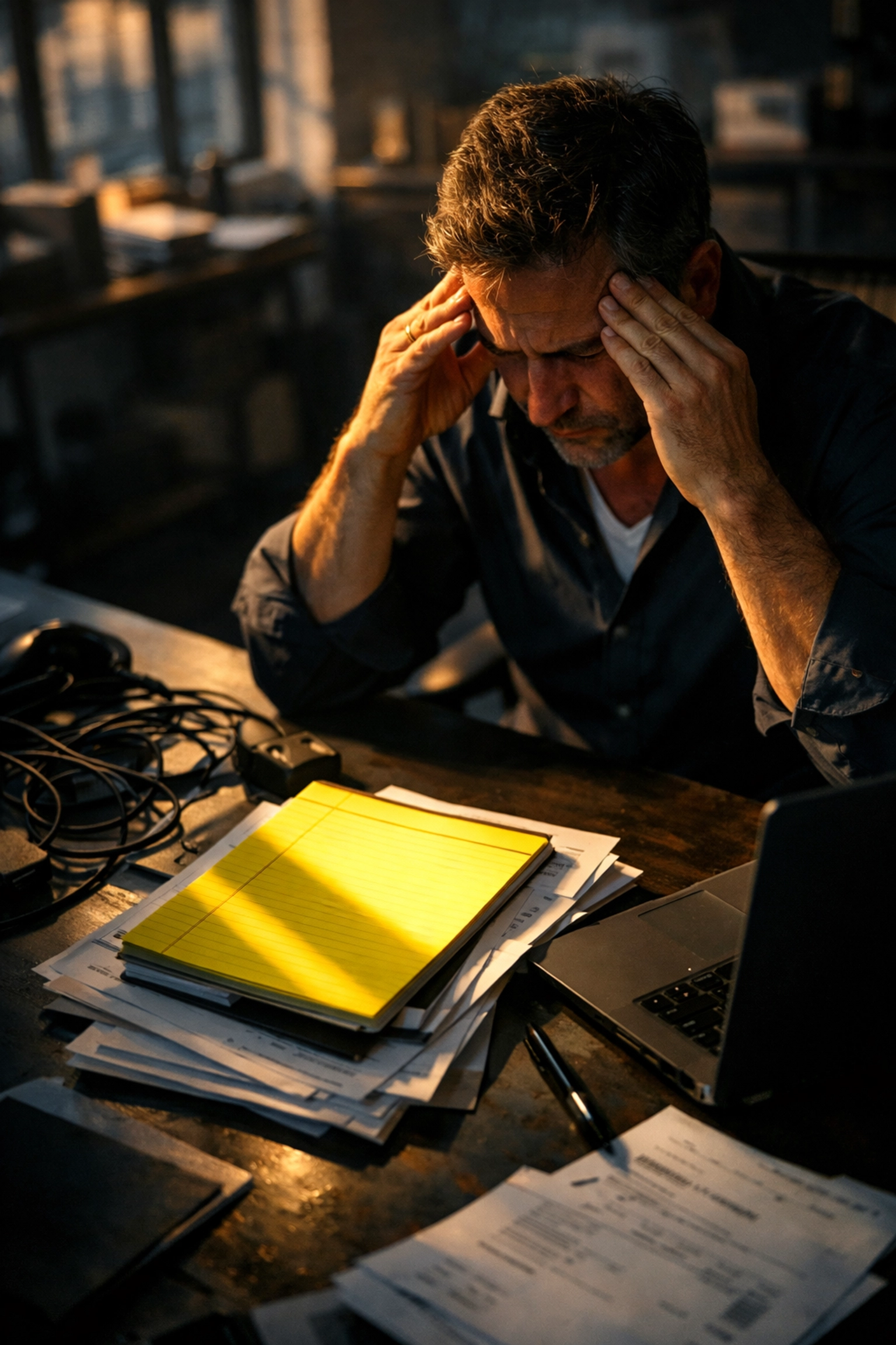 Stressed MSP owner reviewing unpaid invoices to address business profitability and growth plateaus.