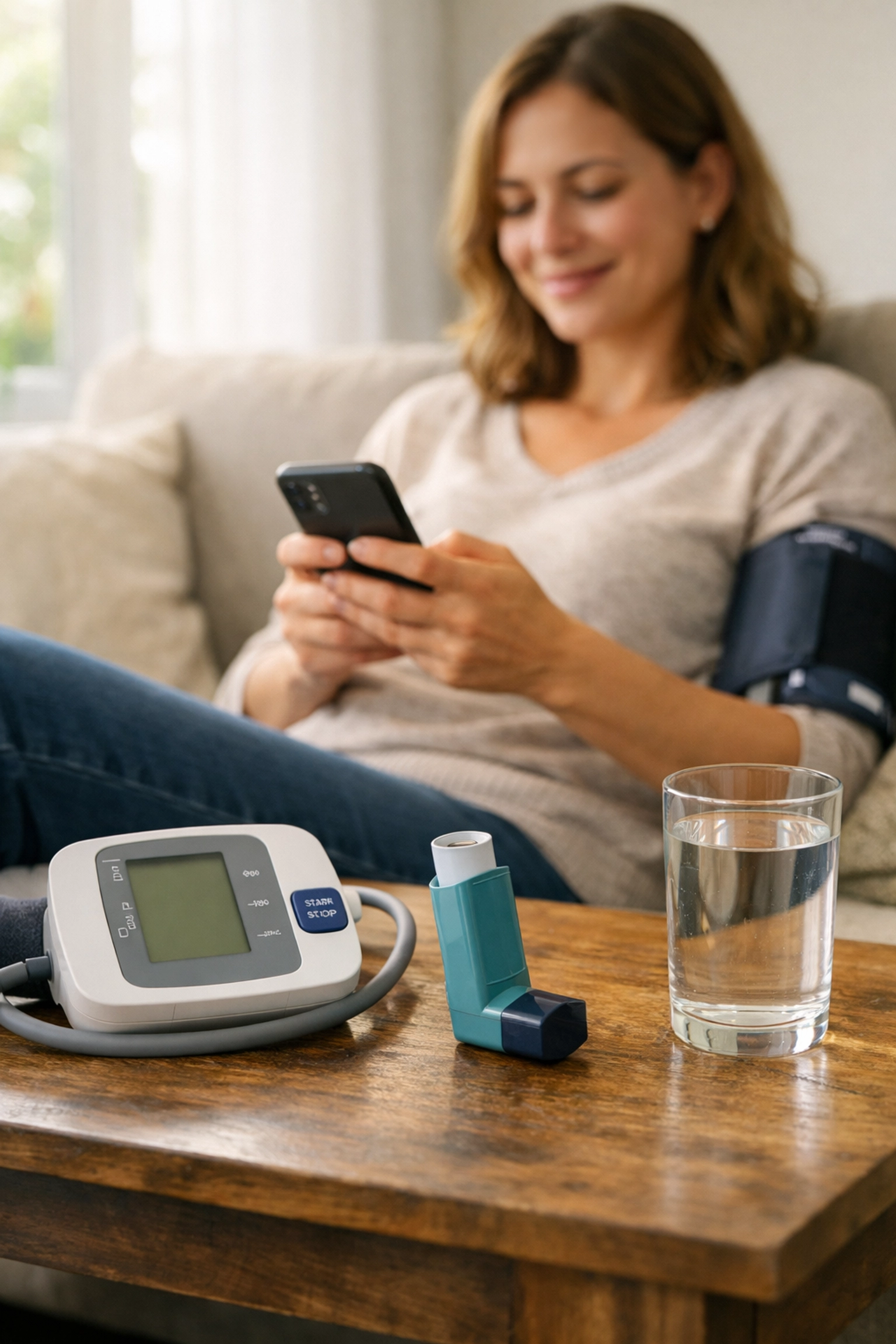 Person managing blood pressure and asthma from home using smartphone telehealth messaging