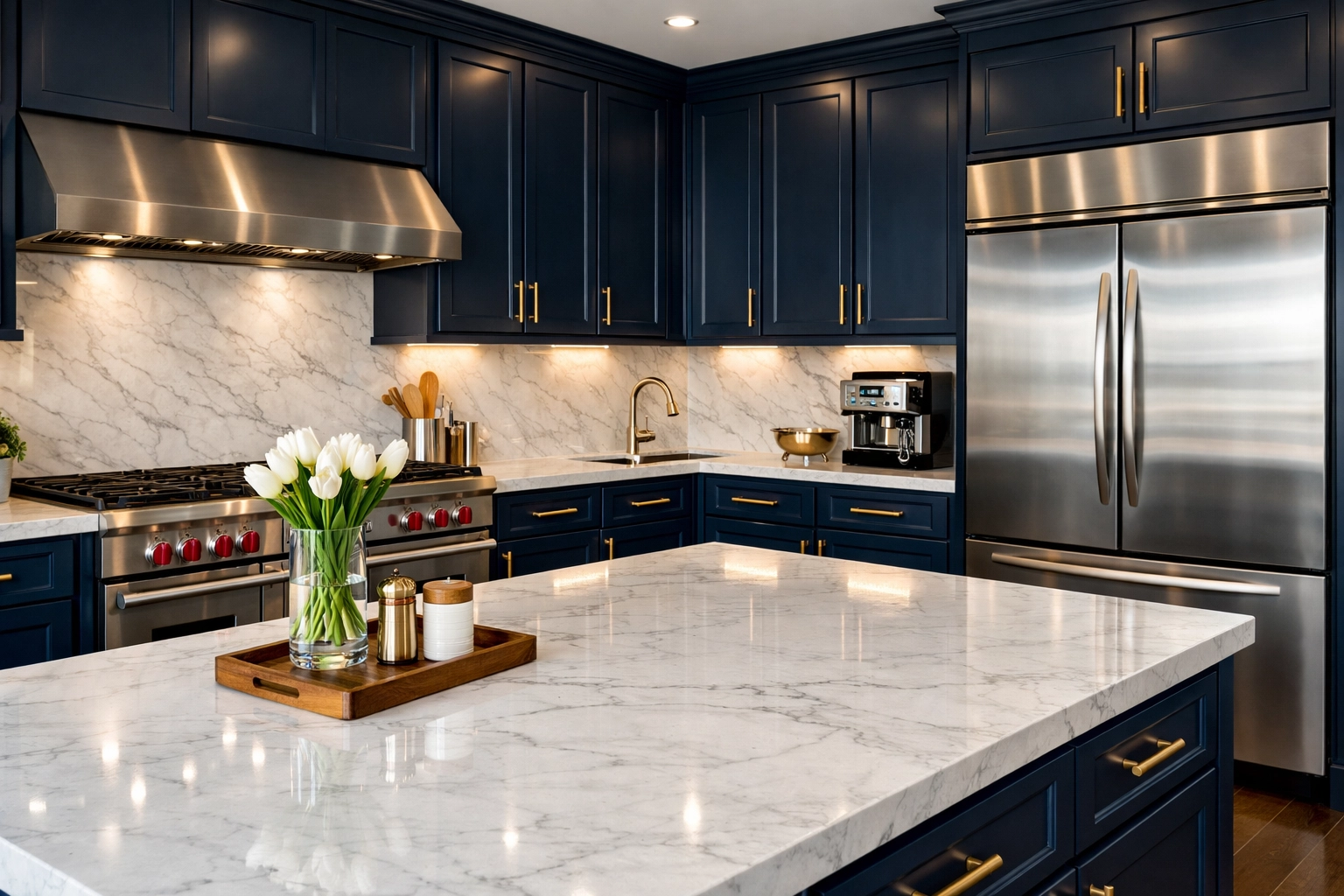 Deep house cleaning Westborough MA in a luxury kitchen with spotless marble countertops.