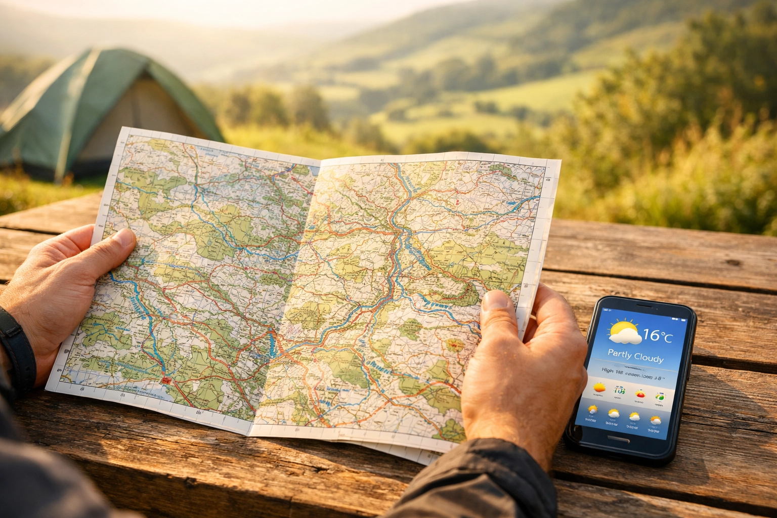 Hiker planning camping adventure UK route with map and smartphone before wild camping trip