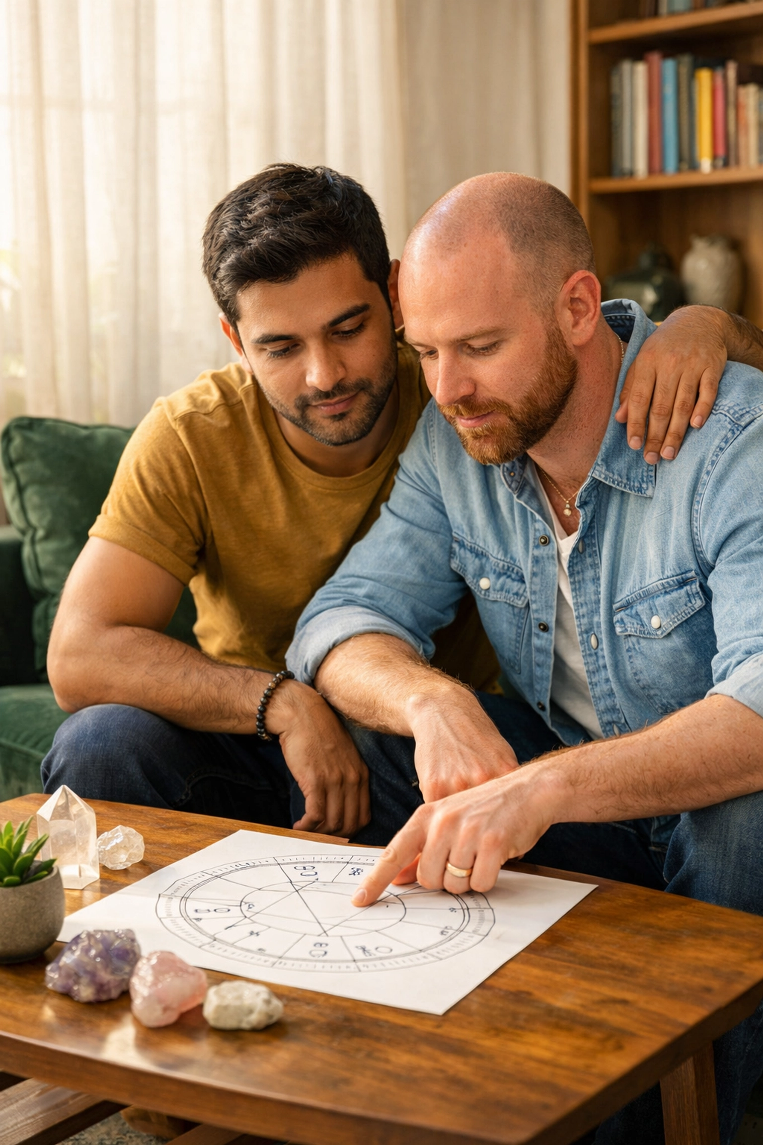 Gay couple exploring their astrological birth chart in a cozy modern home.