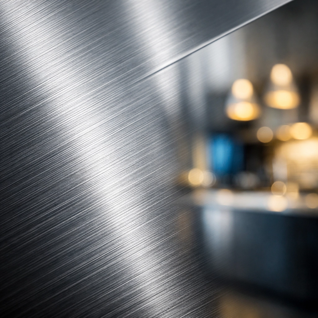 Close-up of the brushed grain on a stainless steel appliance surface to illustrate the correct polishing direction.