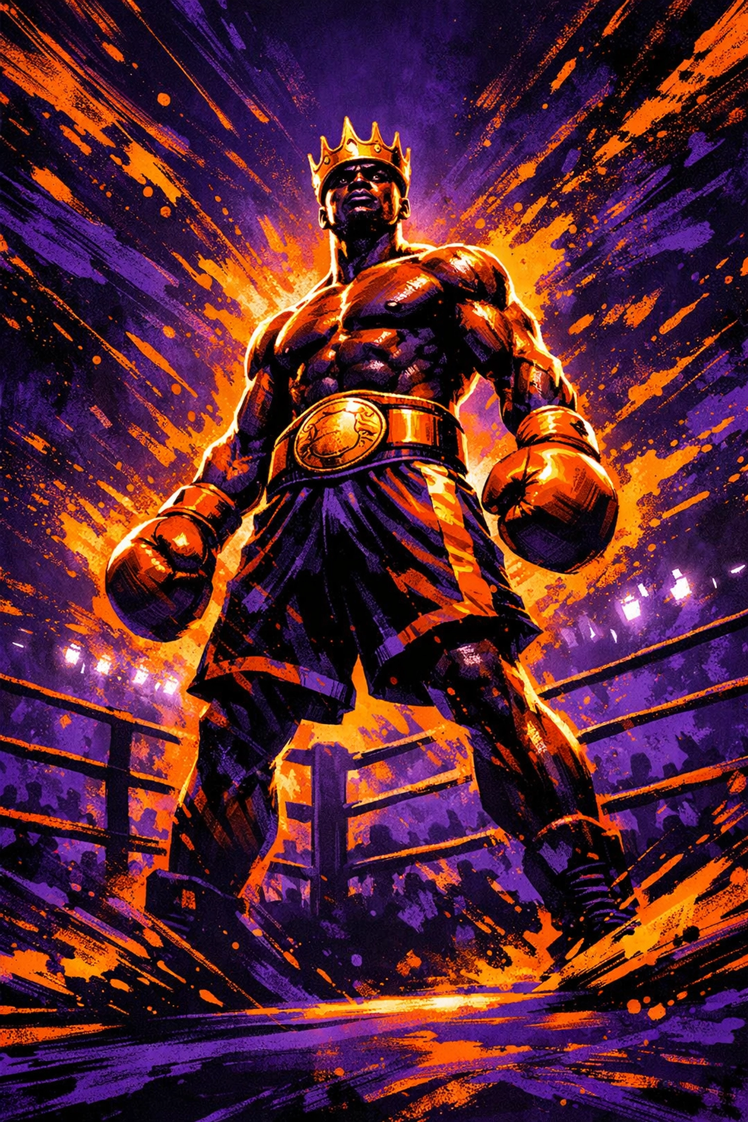 Terence Crawford in a heroic stance in the ring, highlighting his dominance over Canelo Alvarez.