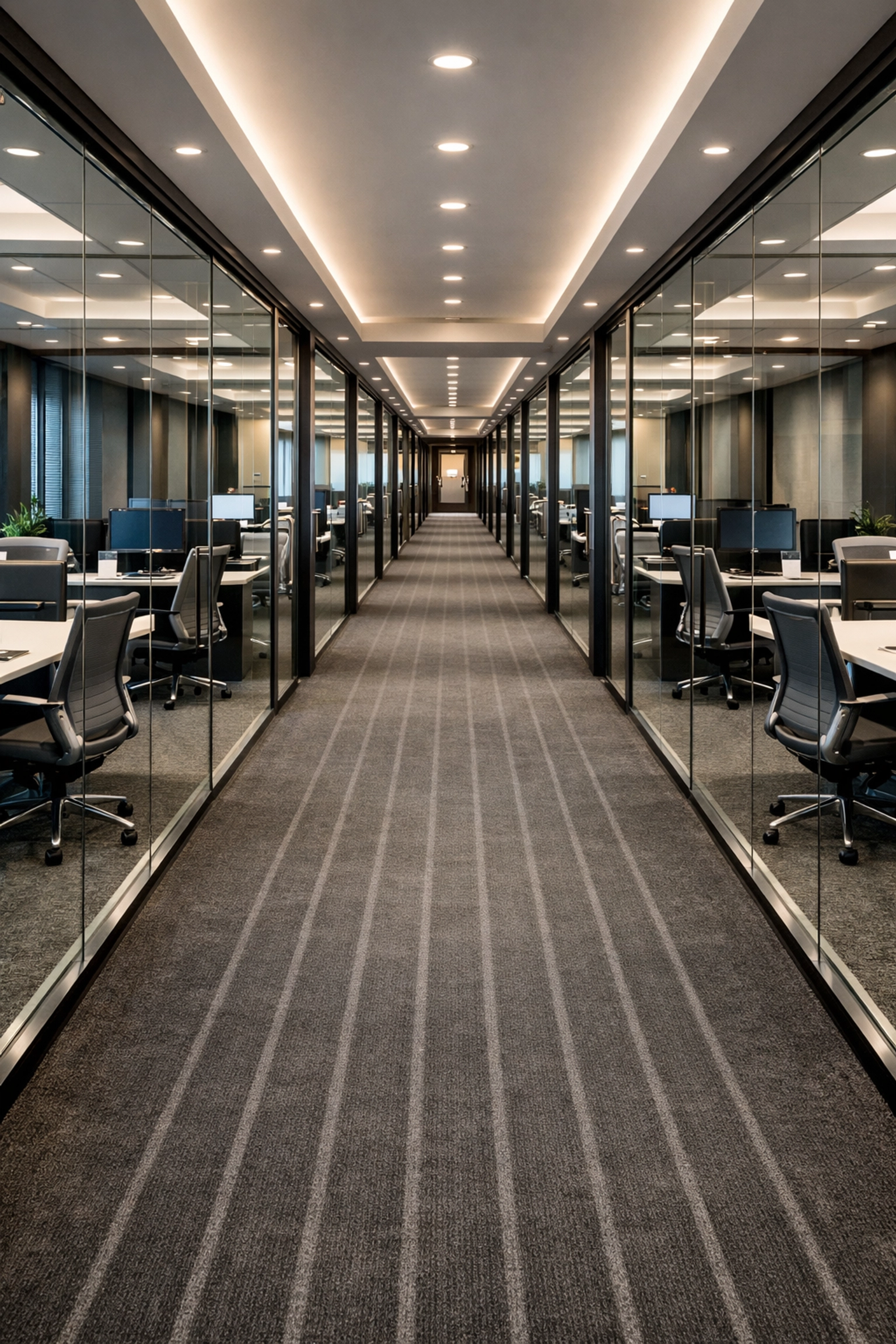 Modern Detroit office corridor with vacuumed carpets reflecting high-authority professional cleaning.