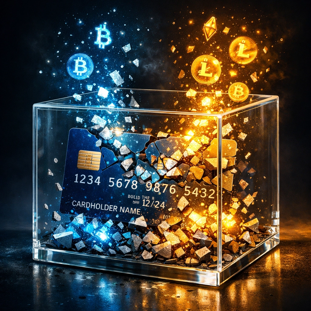 Credit card transforming into cryptocurrency tokens symbolizing the shift from traditional to Web3 payments