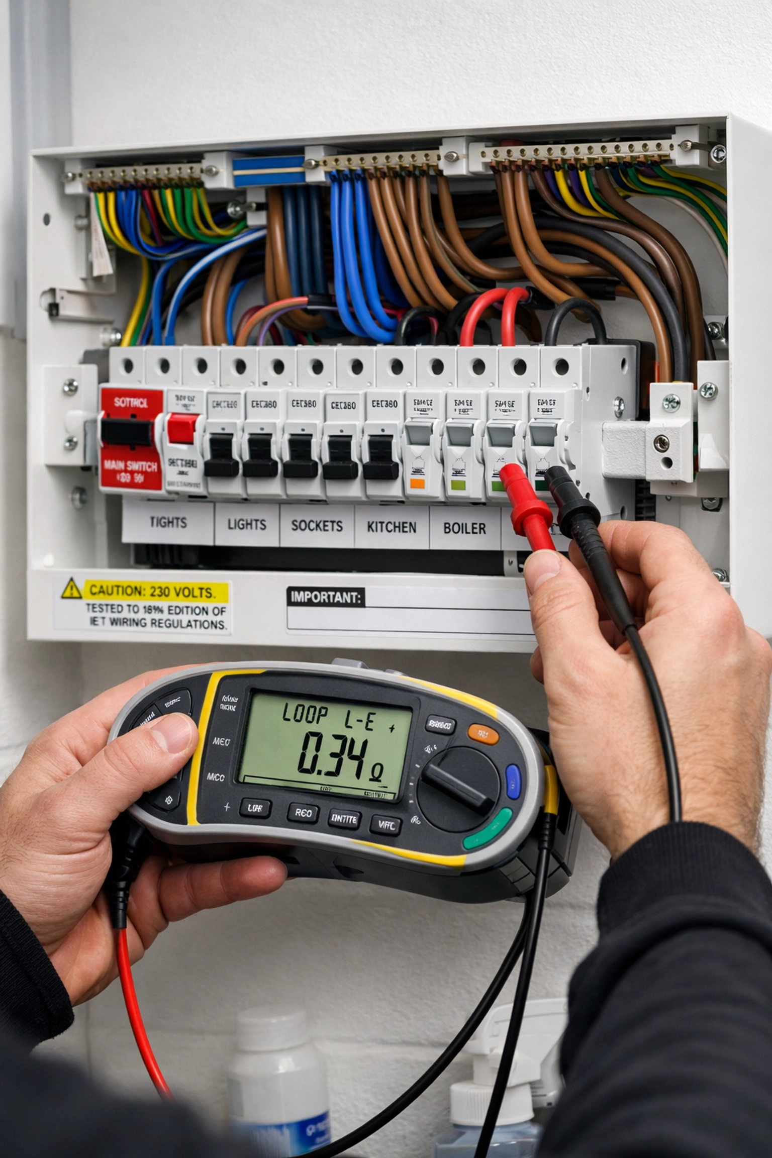An electrician in Dorset performing a safety inspection on a modern 18th Edition consumer unit fuse box.