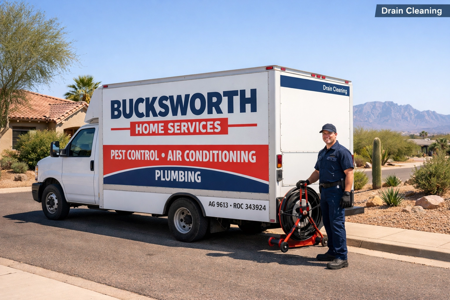 Bucksworth service truck and technician preparing for a residential sewer line inspection in Florence, Arizona.