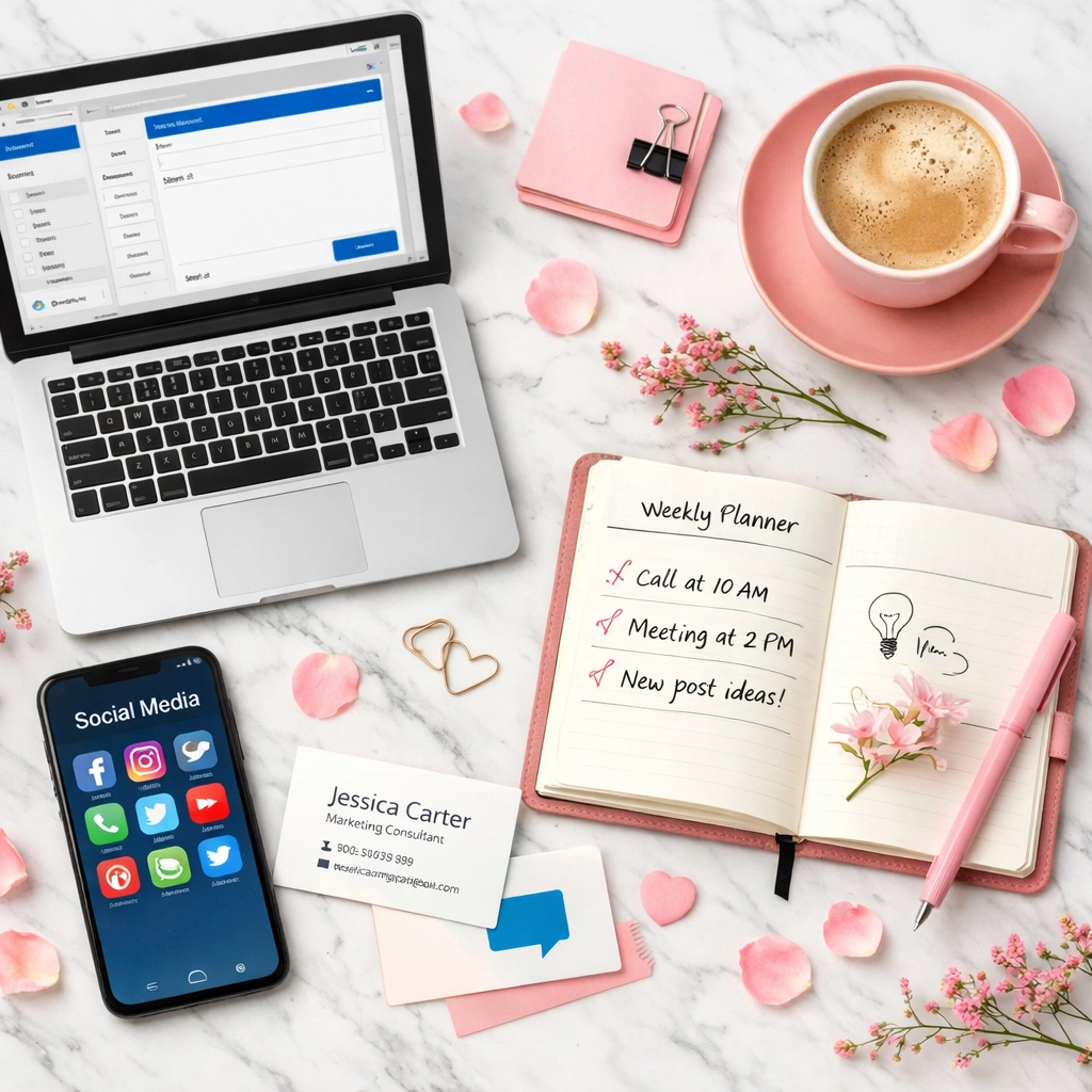 Multi-channel lead generation strategy tools including laptop, smartphone, and business materials